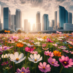 Beautiful colorful flowers on the roadside The background is a tall building.