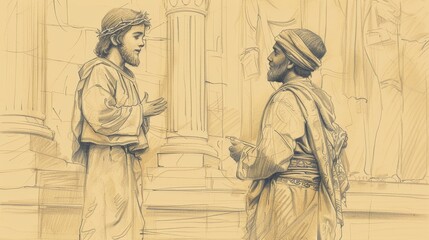 Fototapeta premium Jesus as a Boy Teaching in the Temple, Biblical Illustration of Wisdom and Authority, Ideal for Religious article