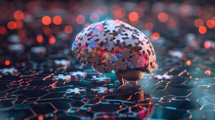 Puzzle-patterned brain on a futuristic circuit board, symbolizing artificial intelligence, technology, and neural networks. - Powered by Adobe