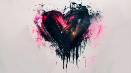 Black pink and red heart, dripping paint, on a white background grungy brush strokes