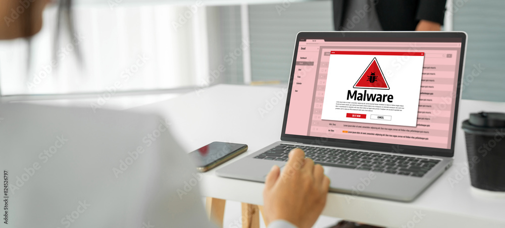 Poster cyber attacking concept. malware alert showing on computer screen display scam and threat detection 