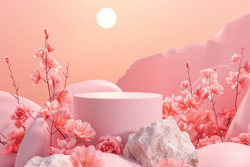 3D render, pastel pink background with a round podium and white rocks and sakura flowers in the style of a Japanese artist. Created with Ai