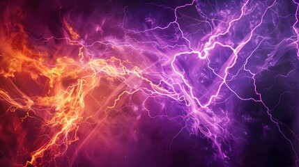 purple and orange lightning background, fire texture, energy sparks with a heart shape
