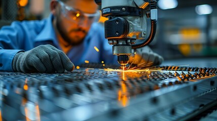 Industrial Innovation A worker operating a laser cutting machine, representing precision and innovation in material processing. Realistic Photo,