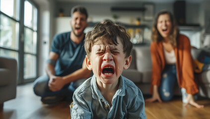 A child cries while parents argue in the background. The crying child highlights the emotional pain and turmoil caused by parental arguments. Generative AI. - Powered by Adobe