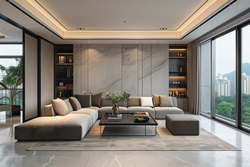 Fototapeta premium A spacious living room with minimalist design, featuring functional furniture, soft gray tones, abundant natural light, and matte finishes, creating a serene and clutter-free environment.