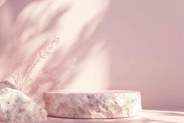  C4D rendering, light pink background with a circular stone podium and flowers on the right side of a product display stand. Created with Ai