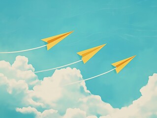 Three yellow paper planes flying above fluffy white clouds in a clear blue sky, symbolizing freedom and creativity.