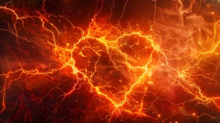 Red and orange lightning background, fire texture, energy sparks with a heart shape