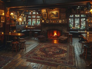 Old English pub with dark wood cozy fireplaces