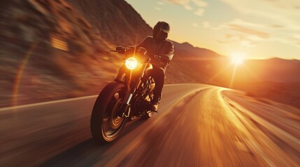 bottom view Professional motorcyclist on the road Ride at high speed around the mountains at sunset. Concept 3D render background