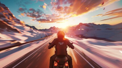 bottom view Professional motorcyclist on the road Ride at high speed around the mountains at...