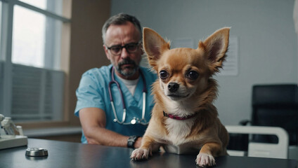 A small dog at an appointment with a doctor, veterinarian.