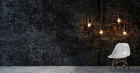 Photo of a dark room with three hanging lights and an empty white chair on the right side, set against a textured wall