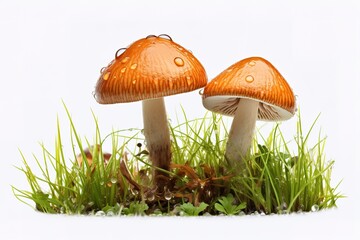 red fly agarics mushrooms on a white background.