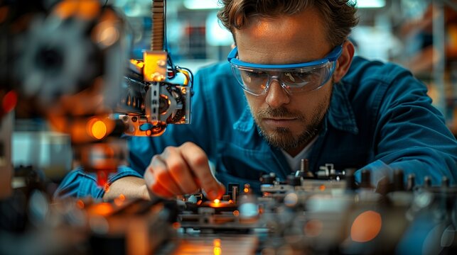 Industrial Innovation An engineer working on a 3D printer, highlighting the use of advanced technology in manufacturing and prototyping innovative products. Realistic Photo,