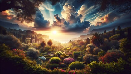 A scenic image of Mediterranean Garden at sunrise
