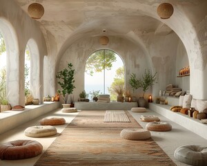 Capture the essence of a peaceful yoga retreat in a panoramic image that exudes tranquility and mindfulness Incorporate soothing colors and natural elements for a truly serene atmosphere