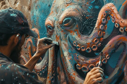 Street Artist Painting Vibrant Cthulhu Mural on Urban Wall at Late Afternoon.