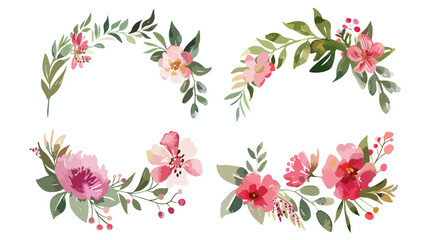 Watercolor Four of pink flower and leaves wreath Vector
