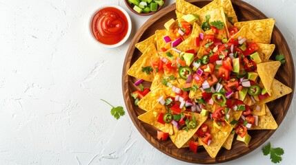 Mexican nachos served on a wooden platter set against a plain white backdrop View from above