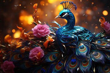 Fototapeta premium Beautiful peacock and roses on dark background, 