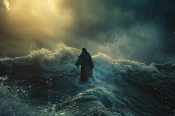 Fototapeta premium Jesus walking on water across the sea during a storm. Back view. Biblical theme. Religious concept.