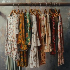 Variety of colorful womens summer fashion clothes hanging on rail in retail shop, Selective focus on colorful material hanging on a rack, Close-up view of  woman fashion wear kurtis  in shop display

