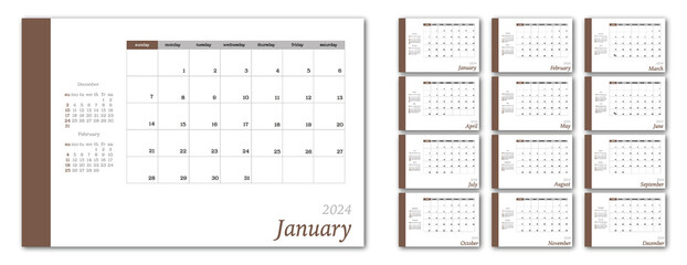 Flat calendar for 2024 in minimalist style. Corporate and business calendar in brown color. The week starts on Sunday..