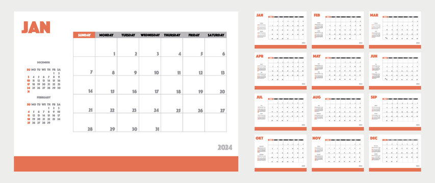 Flat calendar for 2024 in minimalist style. Corporate and business calendar in red color. The week starts on Sunday..