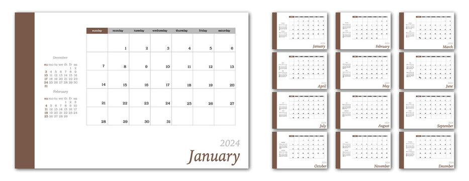 Flat calendar for 2024 in minimalist style. Corporate and business calendar in brown color. The week starts on Sunday..