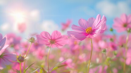Flower Blossom. Pink Cosmos Flowers Blooming in a Lush Garden Setting
