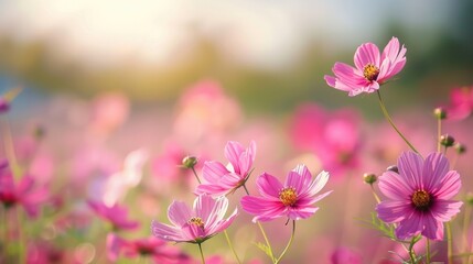 Flower Blossom. Pink Cosmos Flower in Garden with Sky Background