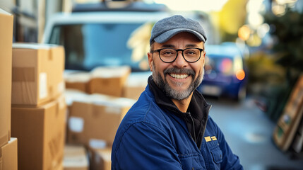 Obraz premium Smiling male courier holding a box. Delivery service. AI Generative