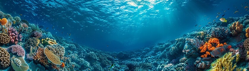 Dive into the depths of creativity with an eye-level angle capturing the mysterious beauty of the ocean Showcase marine life and vibrant colors in a captivating way that intrigues viewers
