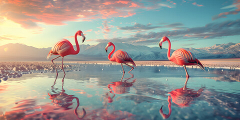 A group of flamingos gracefully wading in a tranquil lagoon Flamingos in a lake with a blue sky and the sun shining background.