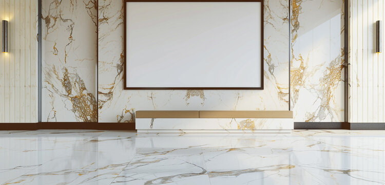 Modern exhibition room with a 3D empty frame on an elegant Calacatta Oro marble floor.