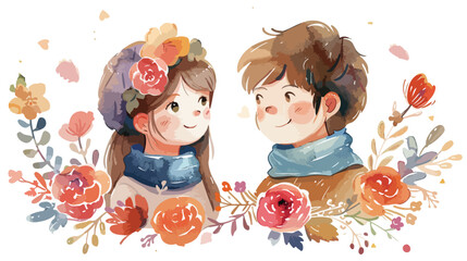 Watercolor Happy valentine couple with flower wreath