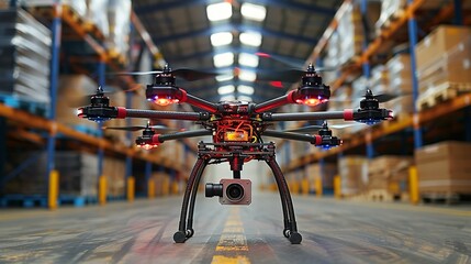 Industrial Innovation A drone delivering parts in a warehouse, illustrating the use of autonomous technology in supply chain management. Realistic Photo,