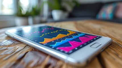 Fototapeta premium A line graph with a steep rise on a smartphone screen, indicating mobile market growth. stock image