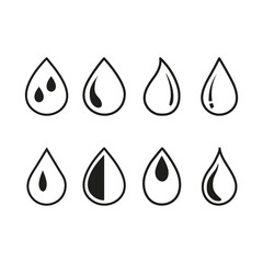 Flat illustration. Black drop of water on a white isolated background. Water drop flat icon. A collection of sixteen figures. Suitable for logos, badges, textile design and more...
