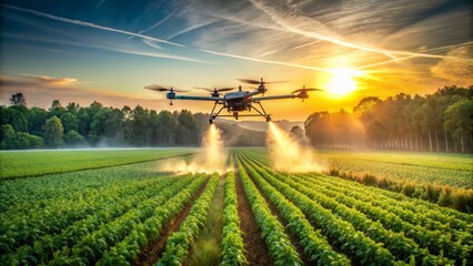 Drone sprayer flies over the agricultural field. Smart farming and precision agriculture