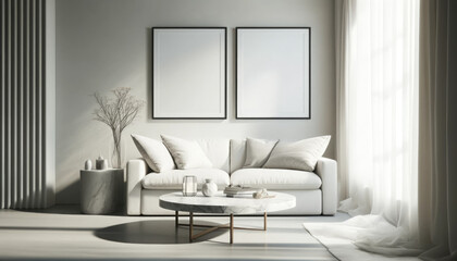 Minimalist Living Room Mockup with Two Blank Picture Frames