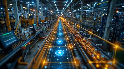 Industrial Innovation A factory with IoT sensors and data analytics displays, emphasizing the role of smart technology in industrial efficiency. Realistic Photo,