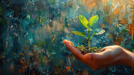 A painting of a hand nurturing a sprout with a rising chart, symbolizing fostering growth. photo