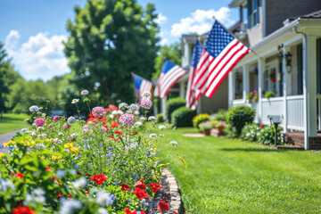 American house decorated for Independence Day with patriotic theme.