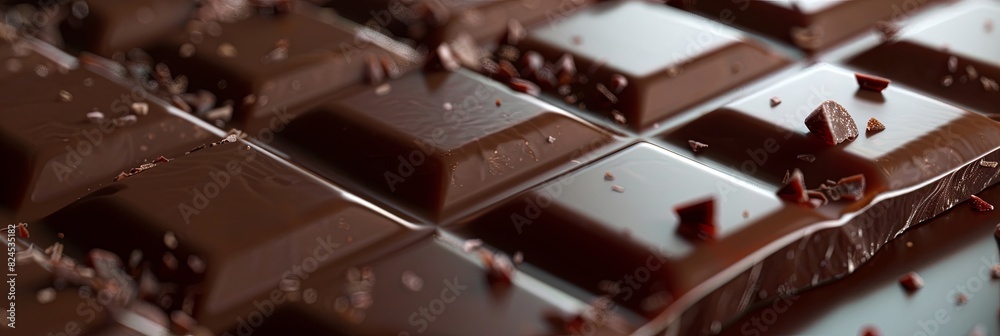 Aufkleber Detailed close-up of dark chocolate bar with bite mark visible on smooth surface. Generative AI