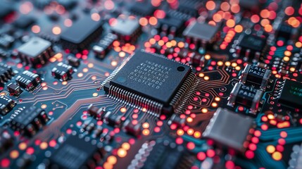 Fototapeta premium Industrial Innovation A high-resolution close-up of a microchip, representing advancements in microelectronics. Realistic Photo,