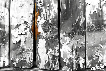 Grunged wooden wall with peeling paint, grayscale with orange accent color. Created with Ai
