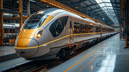 Fototapeta premium Industrial Innovation A high-speed train being manufactured, highlighting innovation in transportation technology. Realistic Photo,